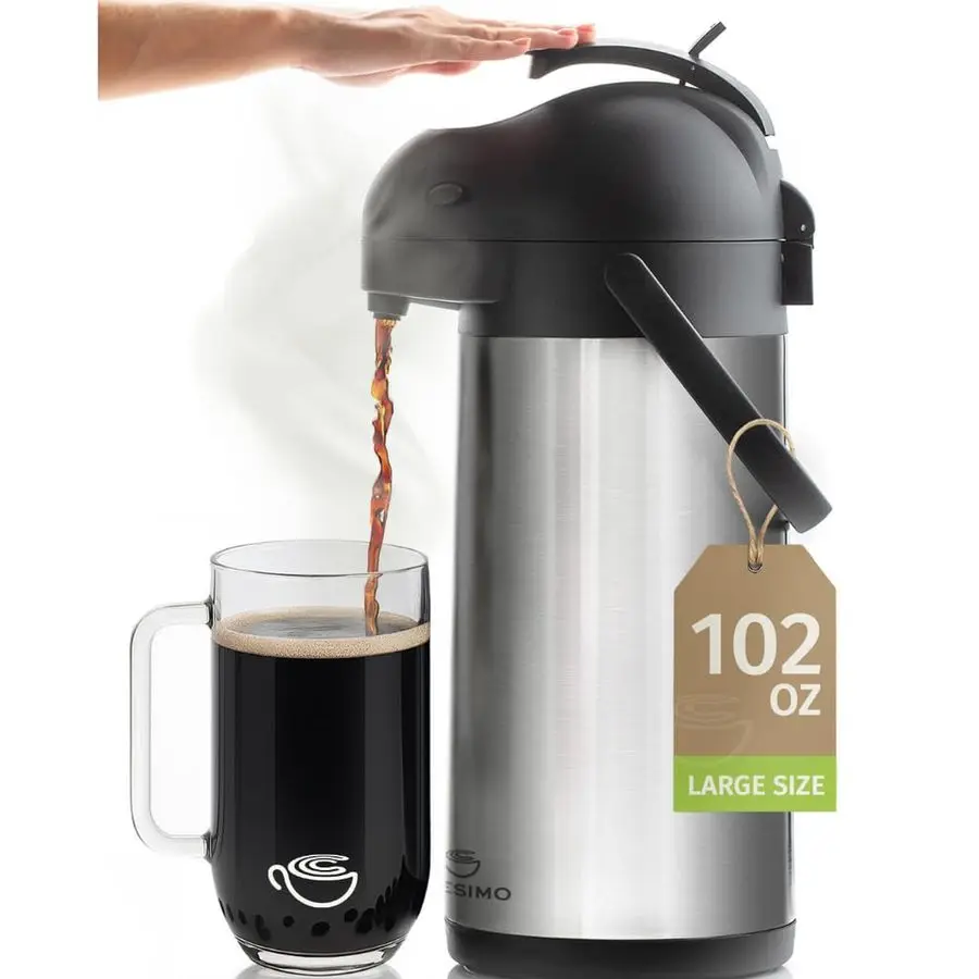 

Coffee Carafe with Pump 102oz 3L Airpot 12 Hours Large Hot Water Carafe, Cocoa Dispenser for Parties Tea Flask, Insulated Stain