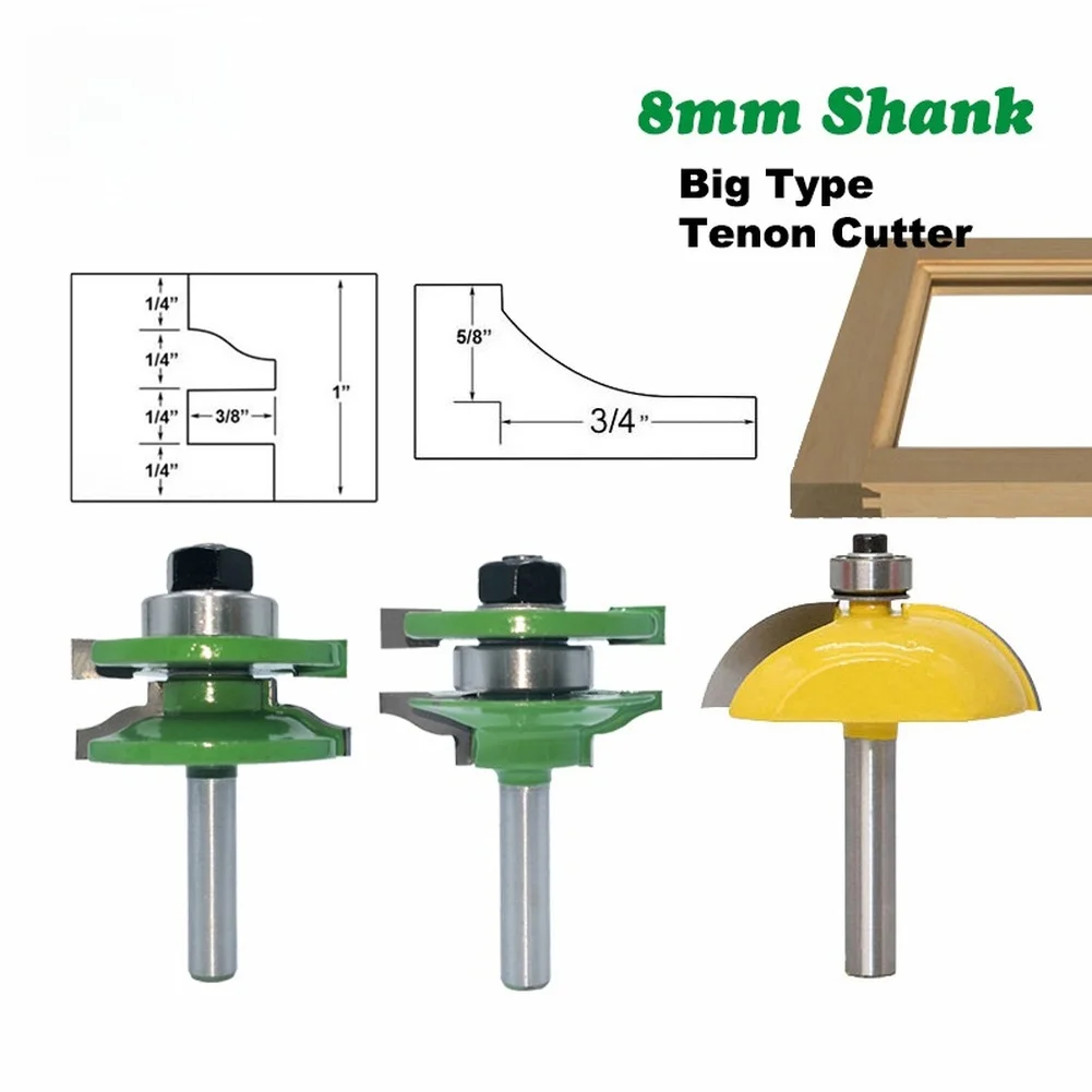 

﻿ 3pcs 8mm Shank Big Cabinet Rail Stile Tenon Router Bit Set Wood Planer Milling Cutter For Hardwood Plywood And MDF Woodworking