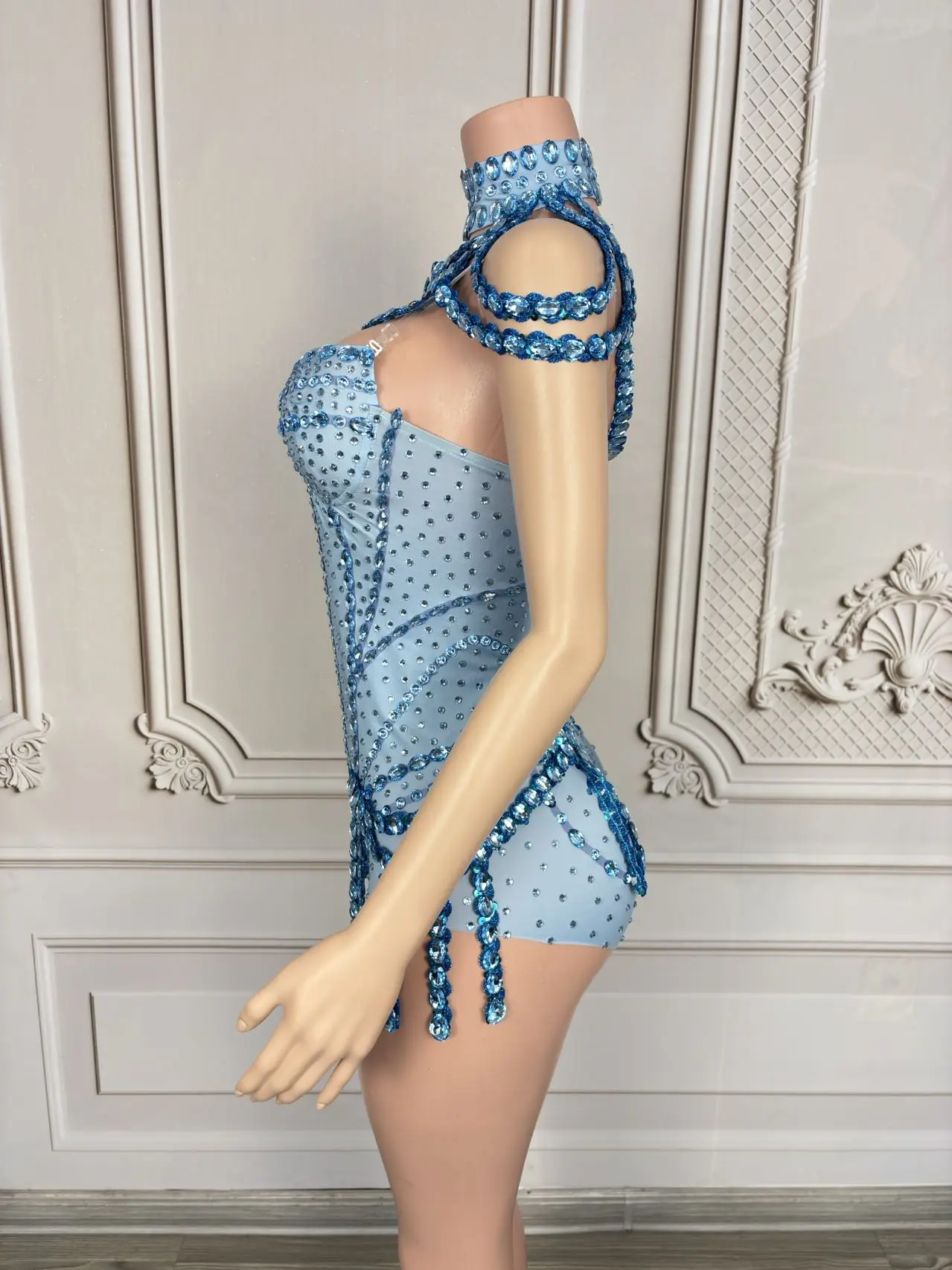 Tianlan-mono con corsé Sexy, chal con cuello desmontable, traje de actuación de Bar con diamantes de imitación azules, vestido de baile de celebridades