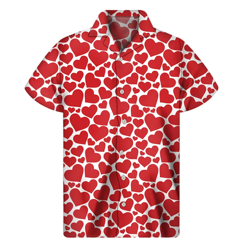 Cute Love Heart Aloha Shirt For Men Clothes 3D Print Hawaiian Shirts Summer Beach Short Sleeve Tops Street Lapel Button Blouse