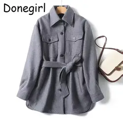 Donegirl Autumn Winter 2024 New Women Fashion Lapel Shirt Jackets Coat Wool Blends Commute Casual Belt Slim Female Overcoat Chic