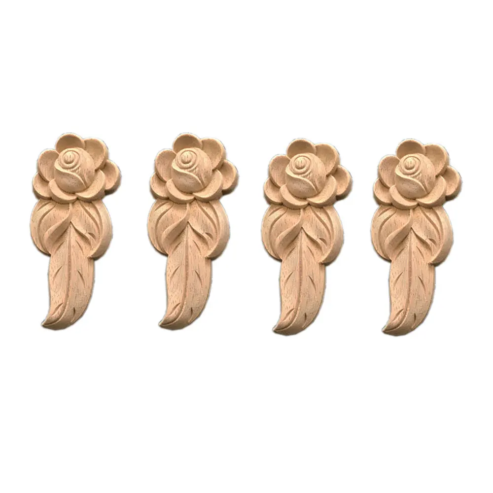 4Pcs Wood Mouldings Carved Applique Onlay for Decor Furniture Decals Corner European Solid Wood Long Carved Rose Pattern Frame