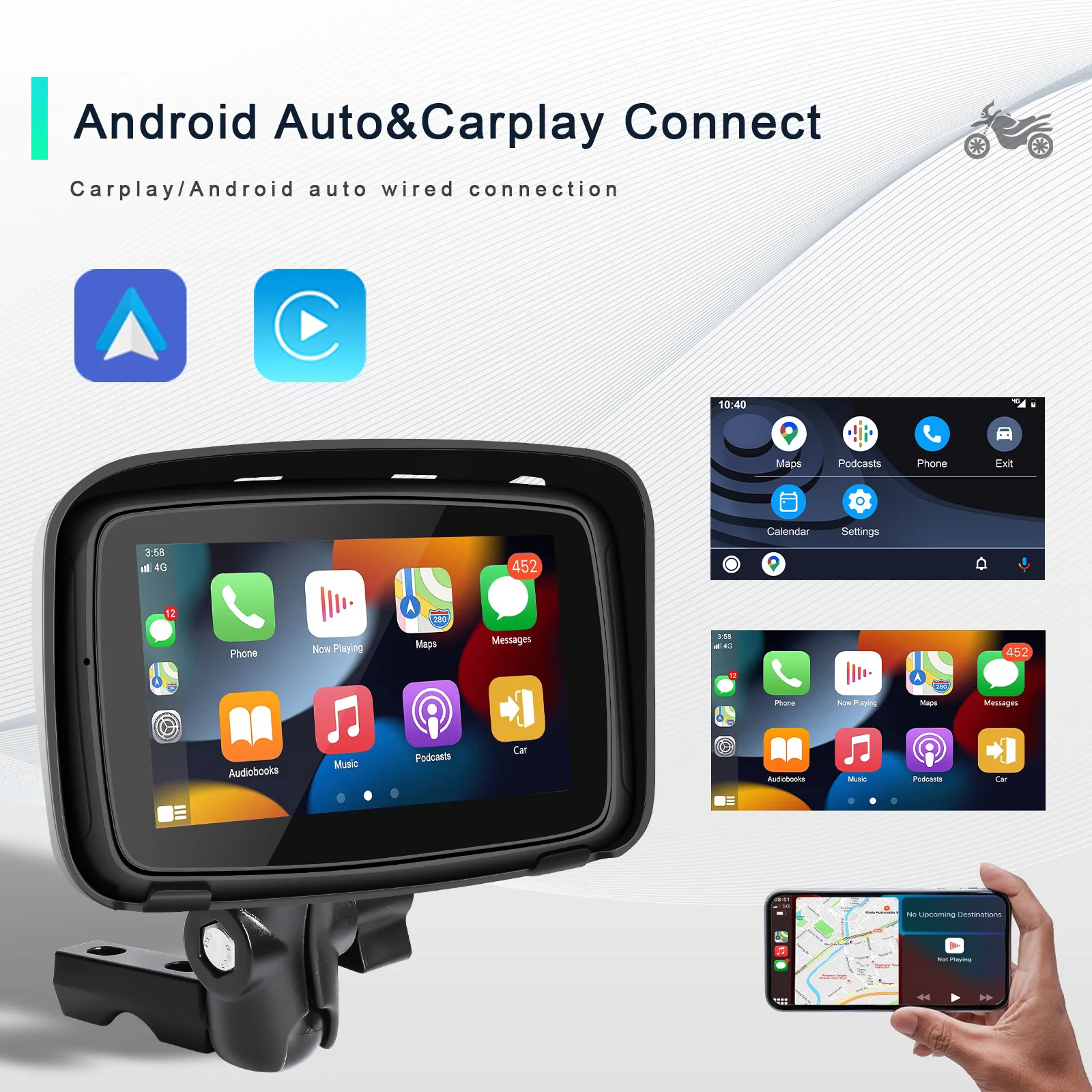 

Motorcycle gps navigator wireless apple carplay android 5 inch display IPX7 waterproof portable gps para moto car monitor