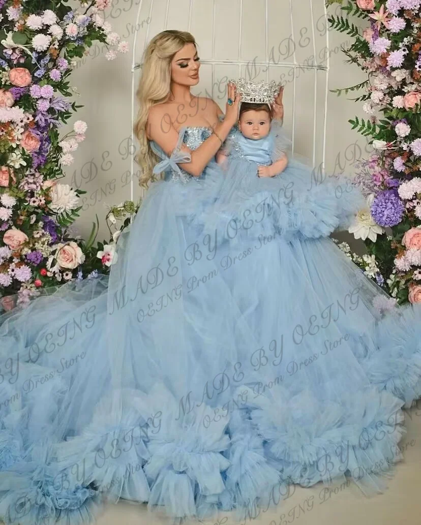 Koiarstwo Baby Blue tiulu sukienka na studniówkę kochanie z ramienia matka i córka suknie imprezowe księżniczki sesja zdjęciowa suknie na imprezy