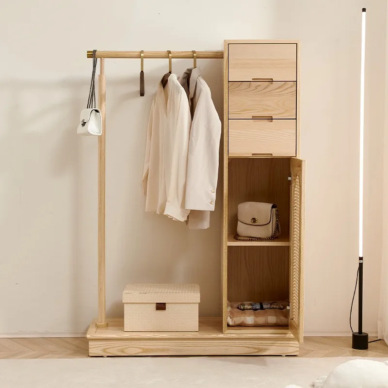 Wabi Sandy wind solid wood floor hanger, Nordic simple bedroom multi-functional Japanese storage rattan coat rack