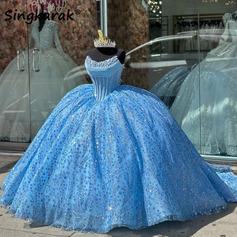 Vestido de baile de princesa con purpurina azul cielo, quinceañera, dulce 16 encaje, cuentas de cristal, perlas, Tull, Vestidos de graduación con cordones