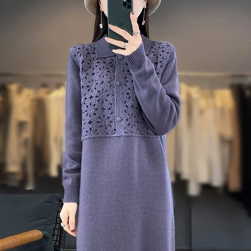 Women\'s Long Knee-Length Polo Neck Cashmere Sweater Dress Embroidered Knit Loose Slim Fit for Autumn And Winter
