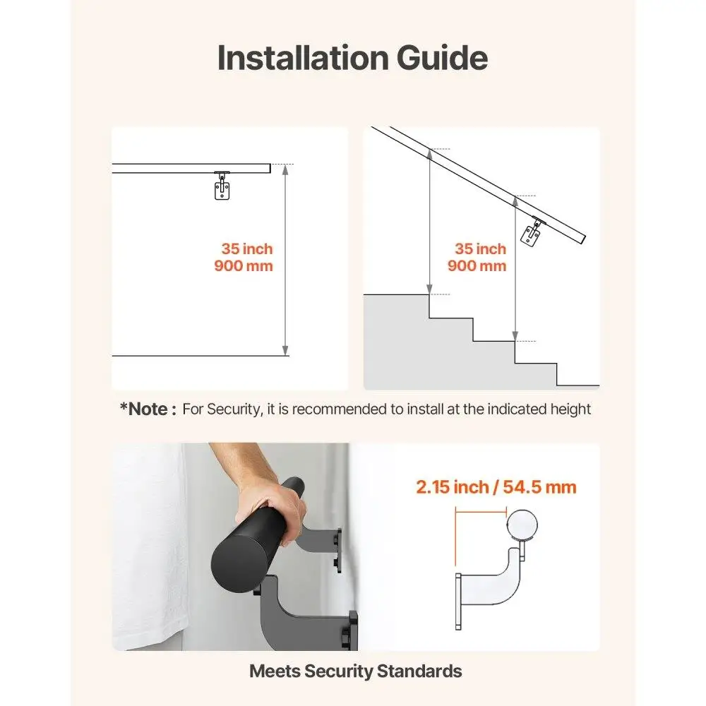 12ft Black Aluminum Wall Mounted Stair Handrail Indoor Outdoor Railing Safety Support