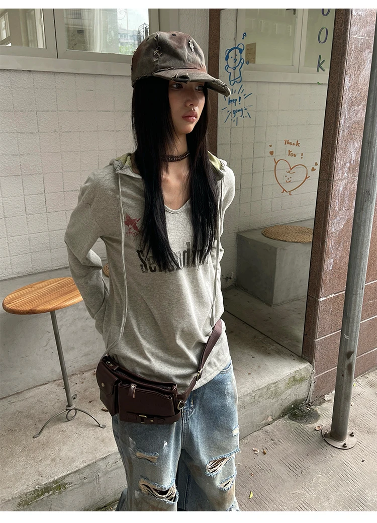 Genayooa Vintage Grafik Tops Damen Langarm Y2k Japanisches T-Shirt mit Kapuze Streetwear American Retro Grunge Tops E-Girls – Detail 8