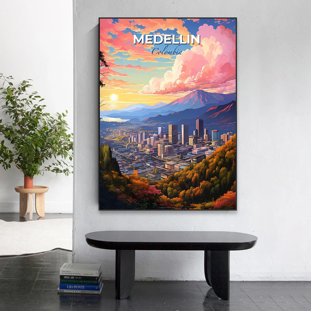 Travel Poster Colorful Medellin Colombia Skyline Oil Painting Print A City In The Mountains Landscape Canvas Painting Home Decor