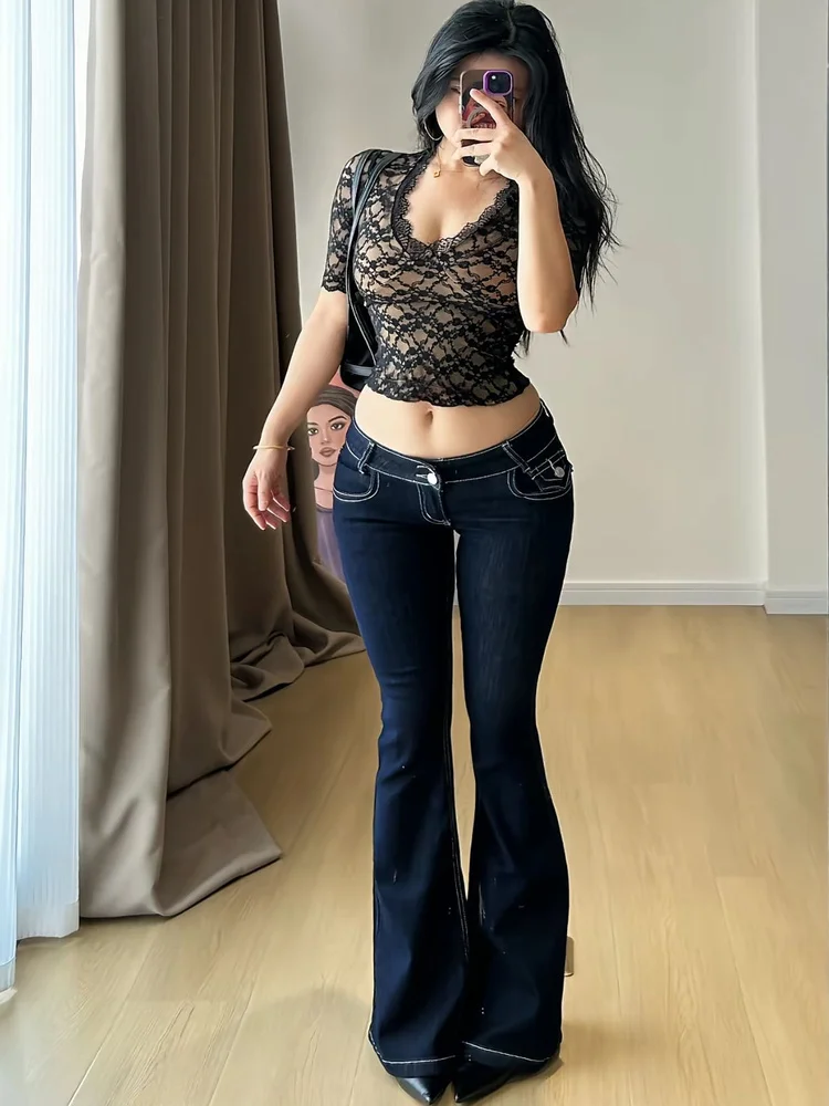 

Deep Blue High Waist Double Bule Elastic Slimming Hip Lifting Retro Micro Flared Long Pants Women's Faion Cotton Stretch ...