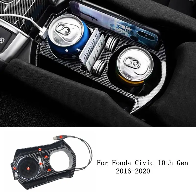 Central Control Water Cup Storage Box USB Mobile Phone Holder Storage Box Accessories For Honda Civic 10th 2017 2018 2019 2020