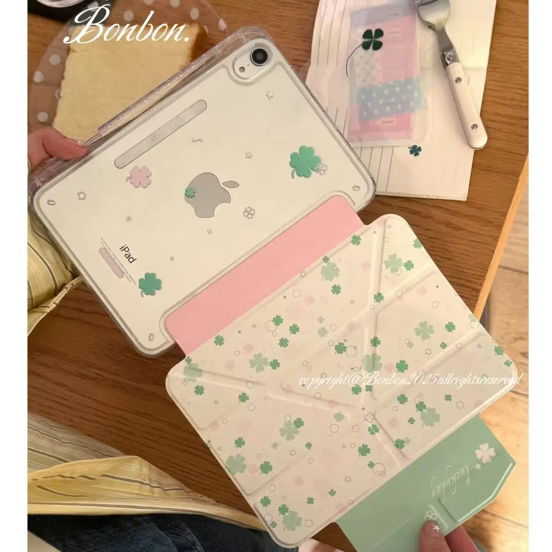 Funda para iPad Pro 13 11th M5 M4 12.9 A16 10 8 7 9th 10th Air 11 M2 M3 Mini Tablet con diseño de trébol de cuatro hojas y estrellas rosas kawaii