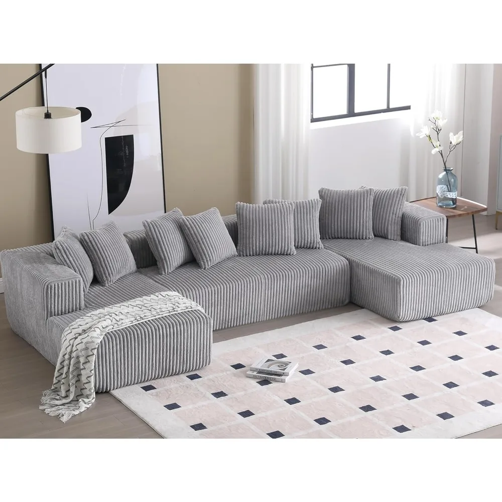 

131'' Modular Sectional Couch, Modern U-Shaped Floor Sofa with Double Chaise Lounge, Comfy Corduroy Fabric Sofa Couch, Upholster