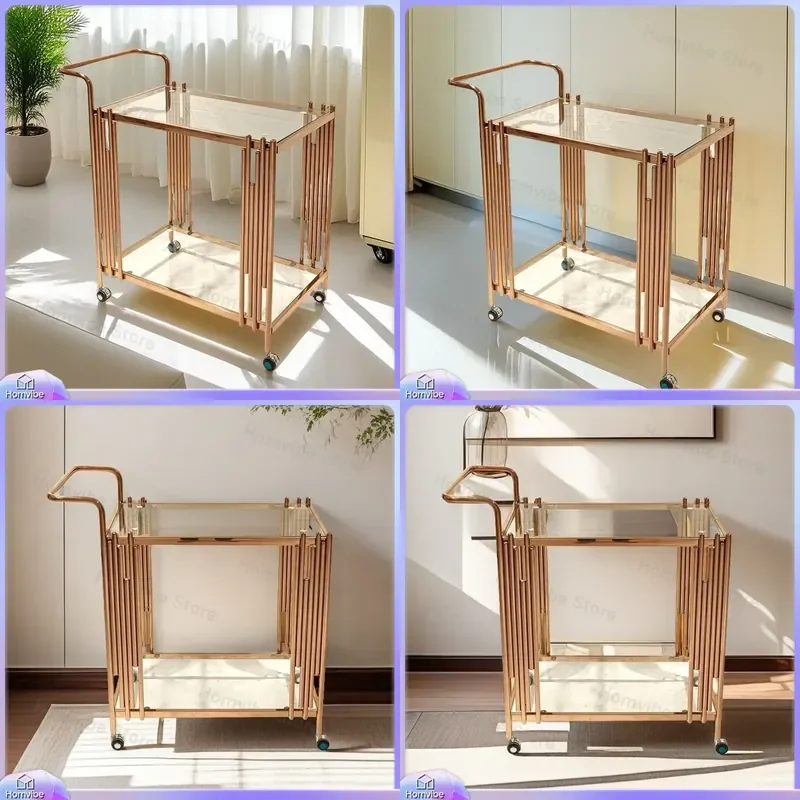Luxury Stainless Steel Dining Cart Mobile Bar Table with Tempered Glass Double Layer Service Trolley for Hotel Restaurant