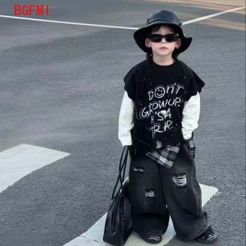 2026 Spring Fall Outfits Baby Kid Boys Knitted Letter Graffiti Vest+ Long Sleeved T-shirt +Grid Fart Curtain Hole Pants 3pcs Set