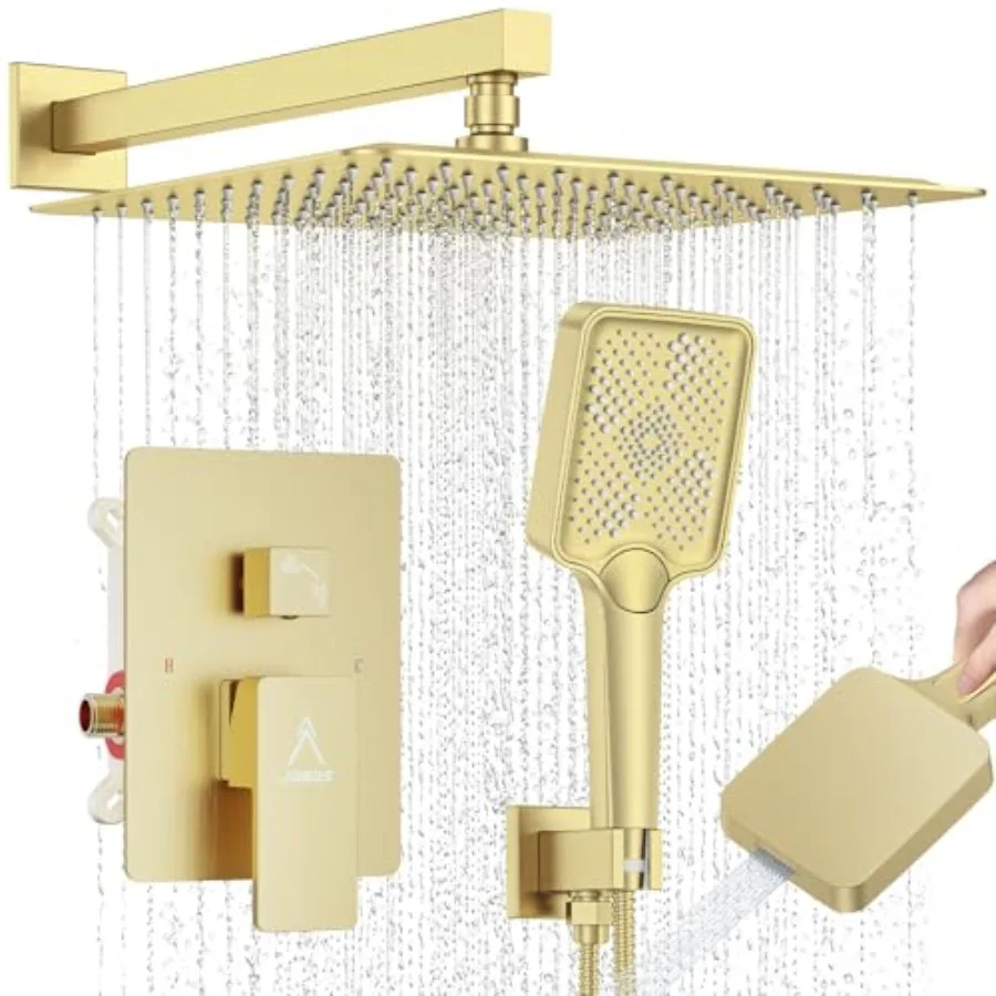 

Shower System for Modern Bathroom: Brass, Brushed Gold, High-Pressure Square Rainfall Handheld Shower with Valve, Diverter, and