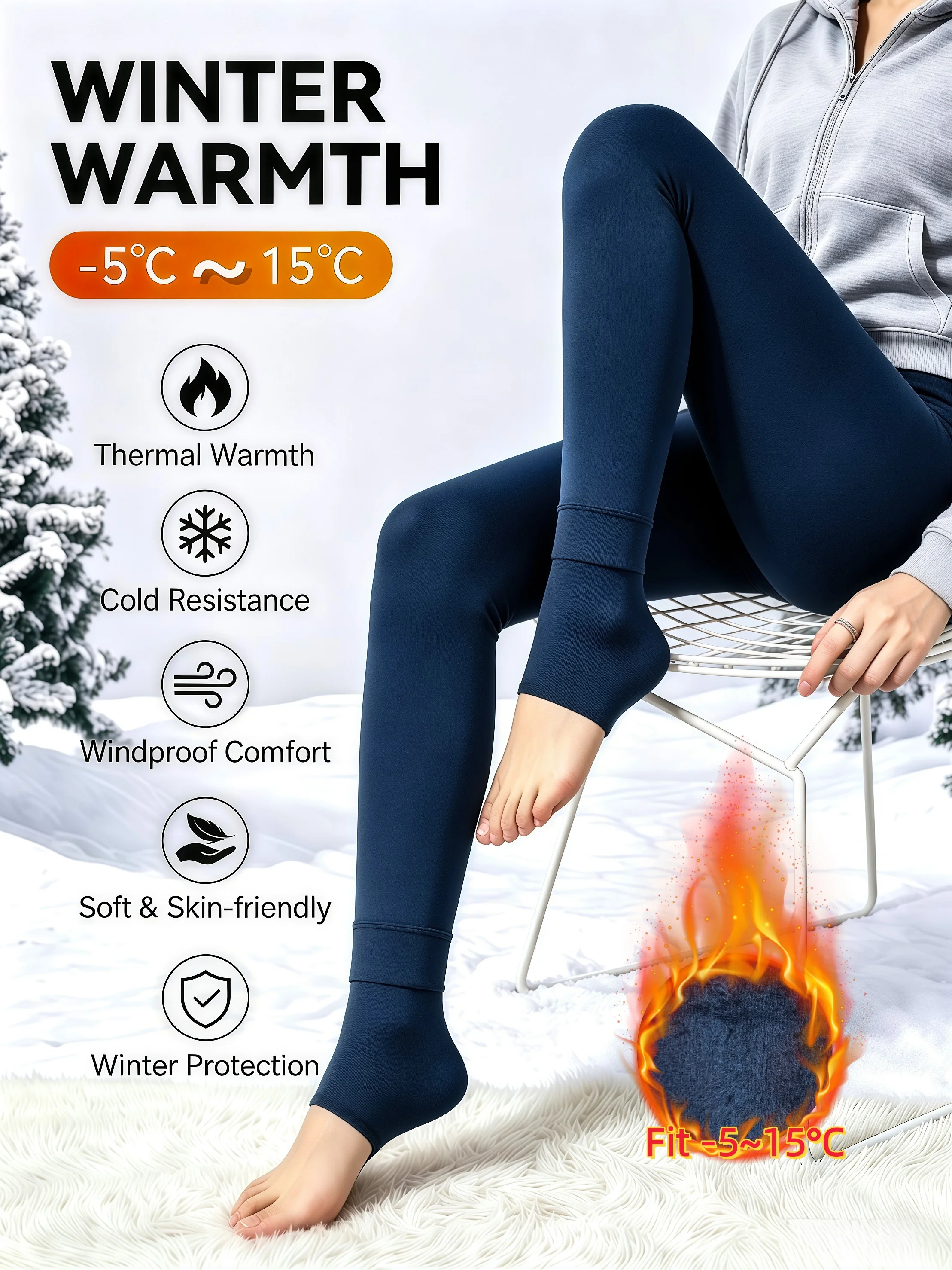 1er-Pack Marineblaue Thermo-Leggings mit Perlmuttfleece-Futter, Weiche Dehnbare Kälteresistente Warme Hosen für Winterausflüge – Detail 4
