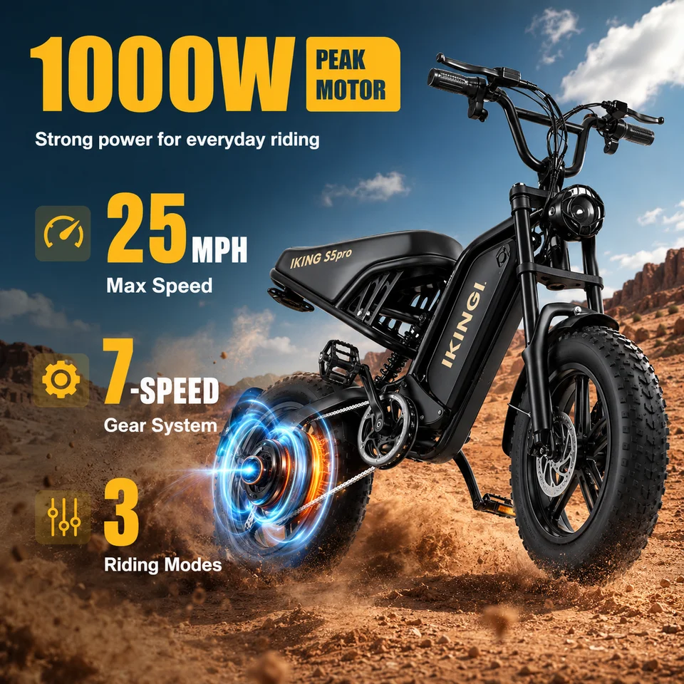 Off‑Road Ebike 1000W Peak Motor 48V 15Ah Removable Battery 40Miles Assist Range 3 Riding Modes 7‑Speed 16 Inch Fat Tire Electric Bike Men Women image 5