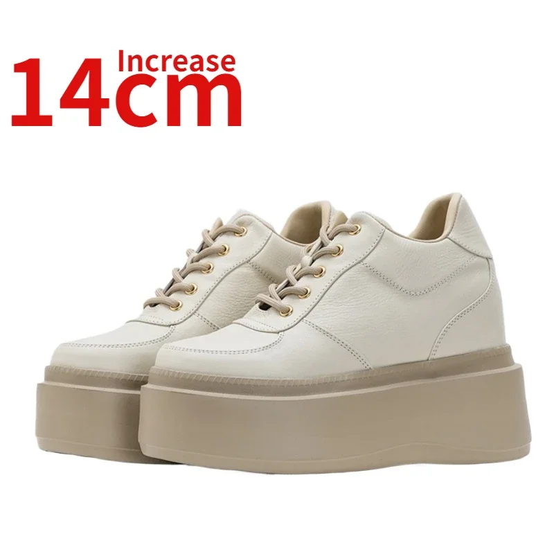 

Genuine Leather Apricot Casual Shoes for Women's Invisible Increased 14cm Ultra Light Thick Bottom Design Fashion Elevated Shoes