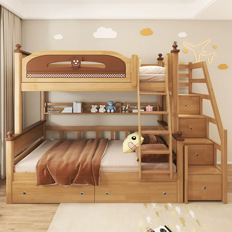 Modern Solid Wood Kids Bunk Bed, Girls Double‑Deck Bed Frame with Slide for Children Bedroom Home Furniture