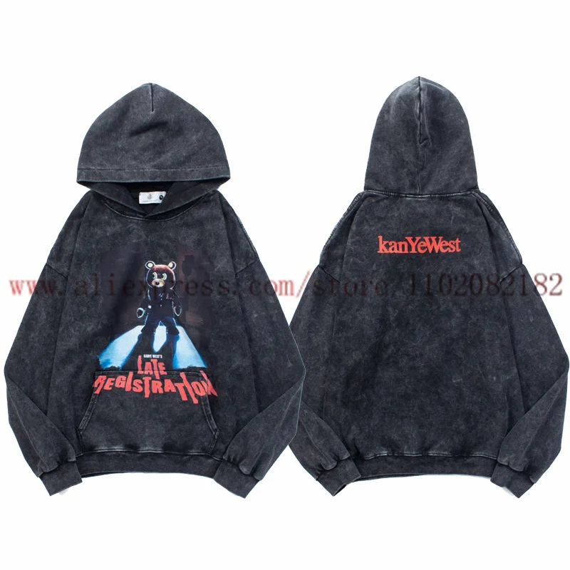 Kanye Little Bear Cartoon Vintage Washed Hoodie Men Women High Quality English Printed Hooded Sweatshirt