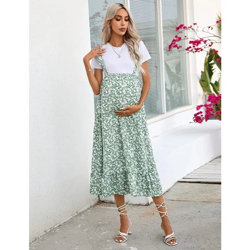 

Maternity Dresses Halter Clothing Dress for Pregnant Women with A Printed Halter Dress Pregnancy Clothes Printed Skirt
