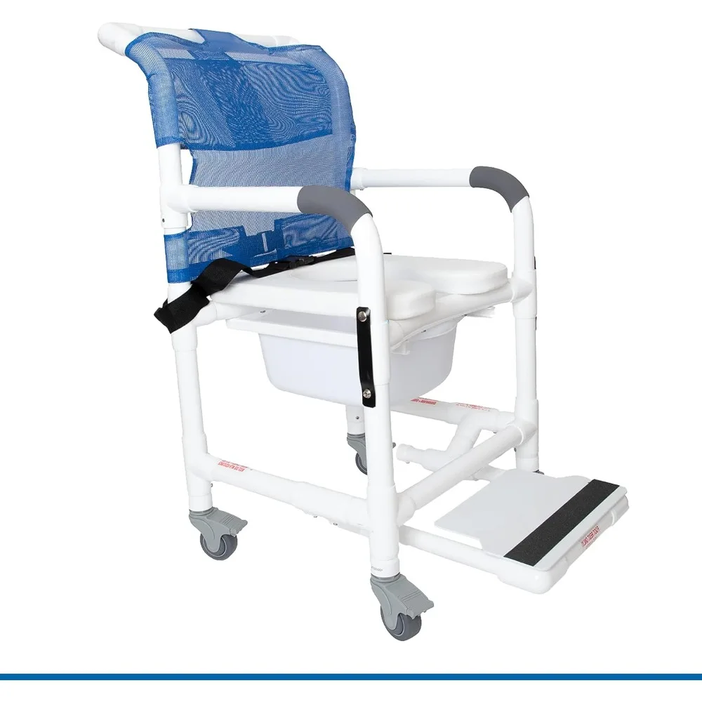 Rolling Shower Chair with Drop Arms, Padded Seat, Non-Slip Locking Casters, Seat Belt, Slide Out Footrest