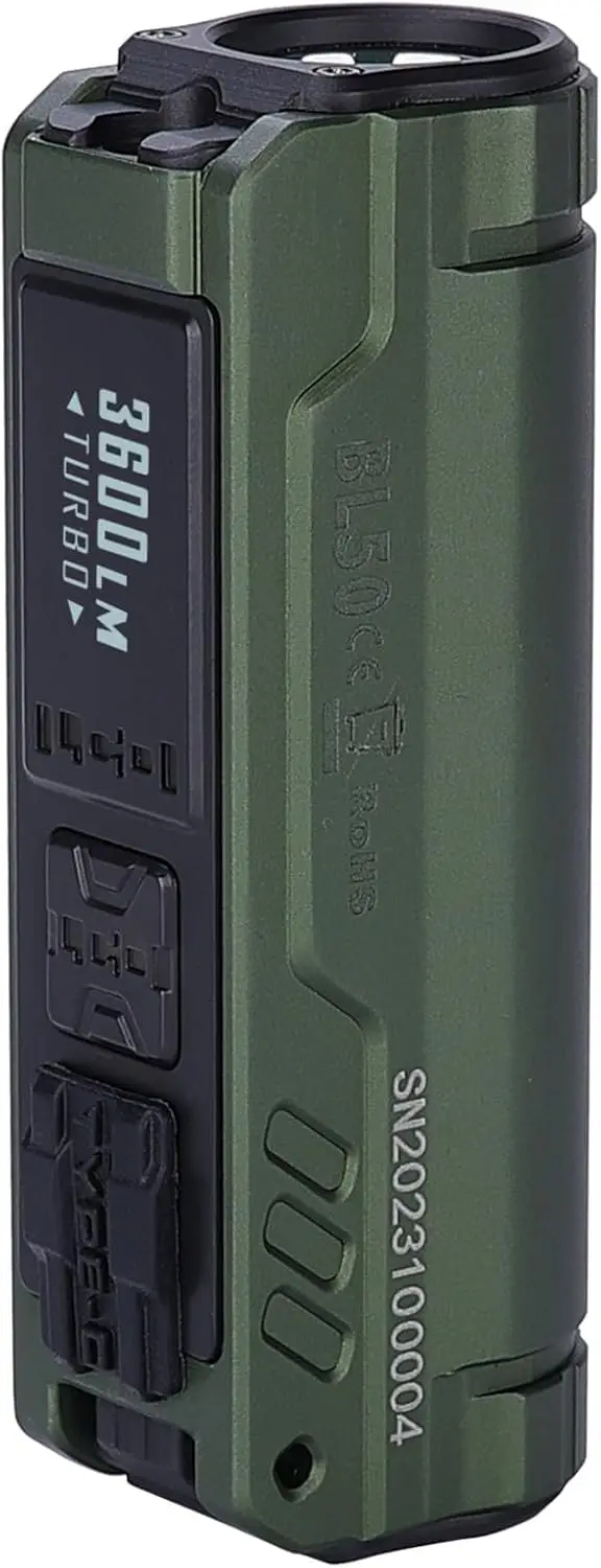 

3600 Lumens EDC Flashlight with UV Light, Rechargeable, OLED Display, Dual Light Source for Camping & Emergency (Green)