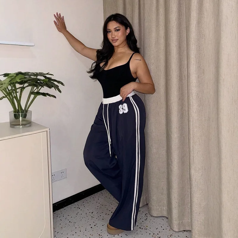 1 Pair Women Casual Trousers, Trendy Street Style, Printed Color-Blocked Design, High Waist Straight-Leg Long Pants, For Spring