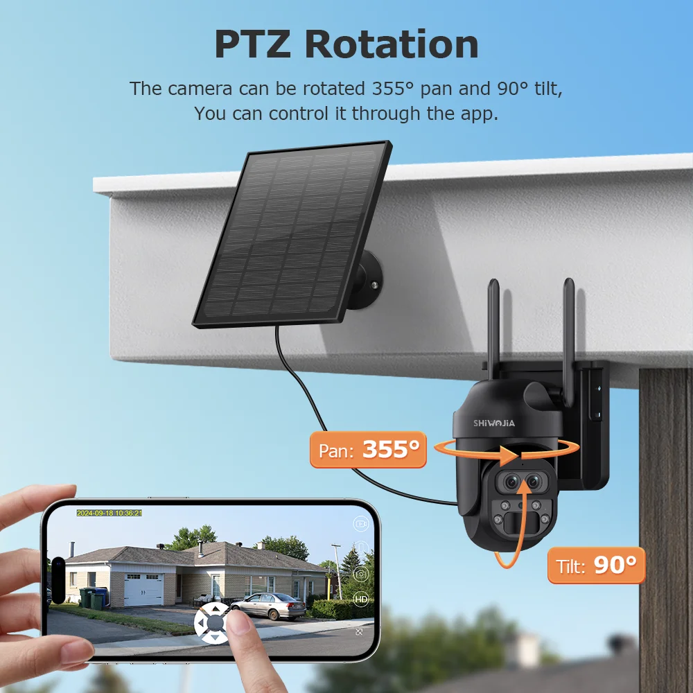 SHIWOJIA 12X Zoom 4G LTE Solar Security Camera 8MP Night Vision Dual-Lens Outdoor WiFi Solar Battery Camera PIR Human Detection