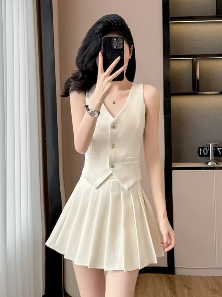 

High Quality Korean Elegant Fashion OL 2 Piece Set For Women Single Breasted Vest Top + Pleated Short Skirt Two Piece Outfits