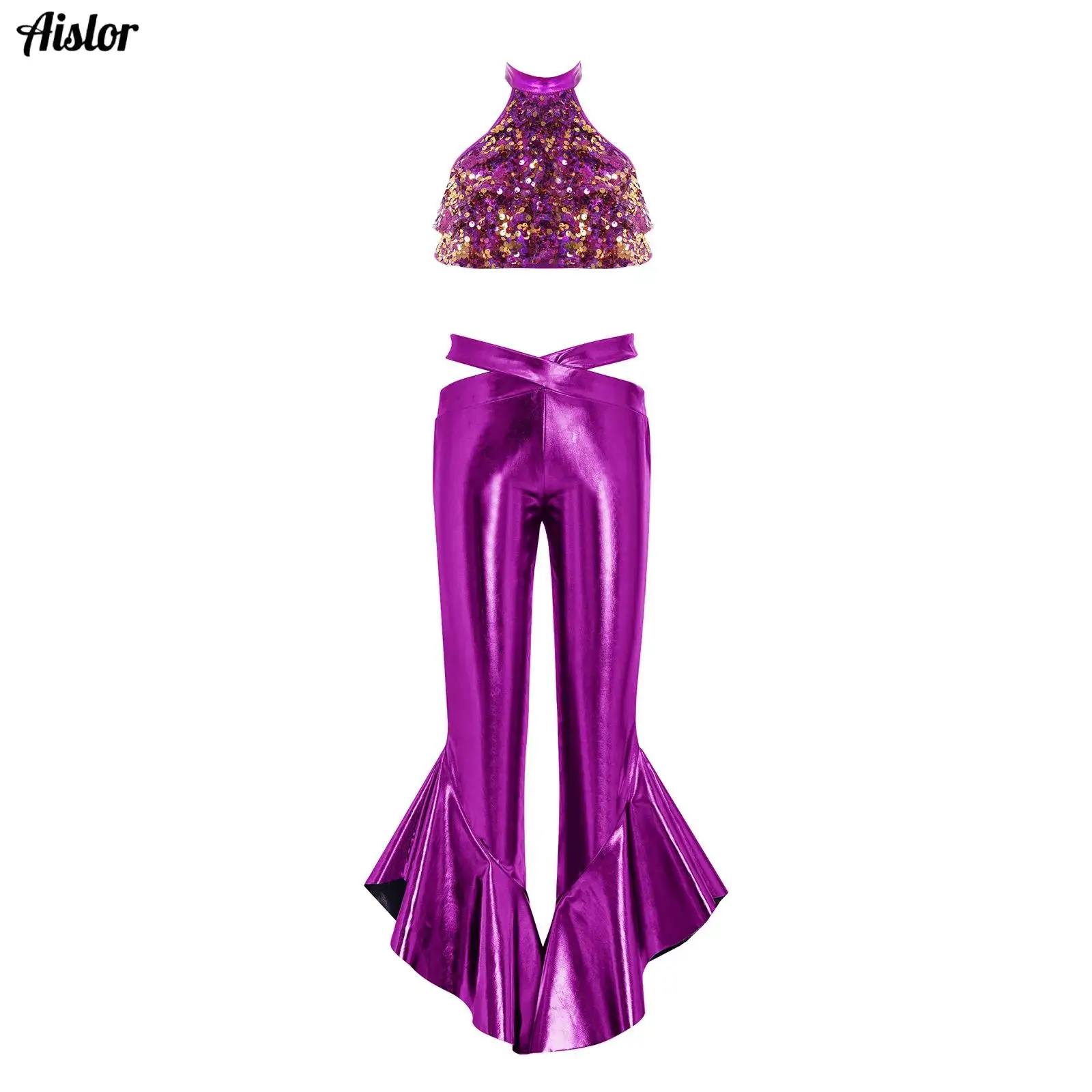 

Kids Girls Sequins Latin Jazz Dance Metallic Outfit 70s Disco Hippie Clothes Fringed Top + Flares Pants Stage Dancewear Set