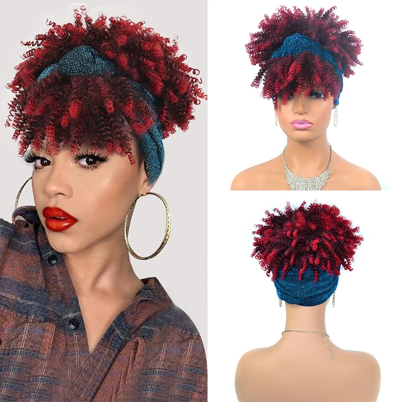 Afro Kinky Curly Wig with Turban Short Burgundy Curly Headband Wigs for Black Women Synthetic Heat Resistant Curls Headbands Wig