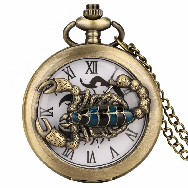 Reloj de bolsillo de cuarzo con patrón de escorpión de bronce hueco para hombres, joyería de cadena Fob, números romanos, colgante Steampunk, collar, relojes de cadena