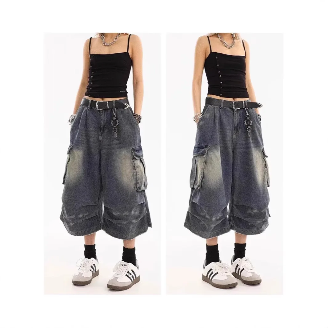 2026 New Plus Size Washed Splatter Ink Multi Pocket Cargo Jeans For Men Loose Straight Wide Leg Capri Pants Streetwear Fashion