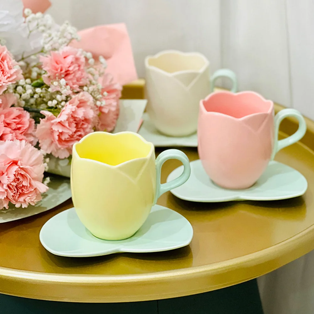 Taza de Café Tulipán con Platillo, Taza de Cerámica Encantadora para Bebidas, Taza de Té Creativa Vintage con Diseño de Tulipán para el Té de la Tarde en Casa