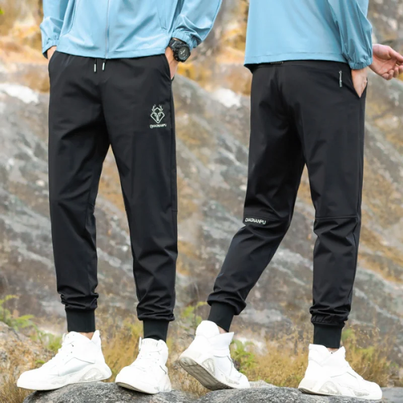 Summer Lightweight Men's Casual Pants Breathable Cool Feeling Stretch Fashion Embroidery Outdoor Ankle-Tied Sports Ninth Pants