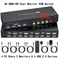 Dual Monitor HDMI+Displayport KVM Switch 4 Computers 2 Monitors 4K@60Hz 2K@120Hz KVM Switches for 4 PCs Share 4 USB 3.0 Devices