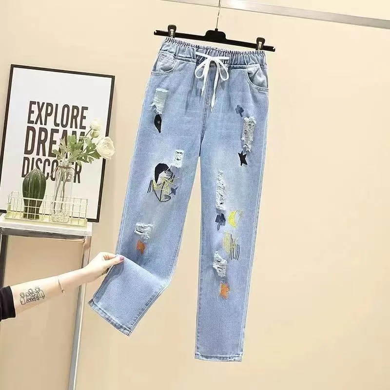Straight Cowboy Pants Female 2026New Spring Autumn Embroidered Jeans Women's Elastic Waist Retro High Waist Nine Trousers Ladies