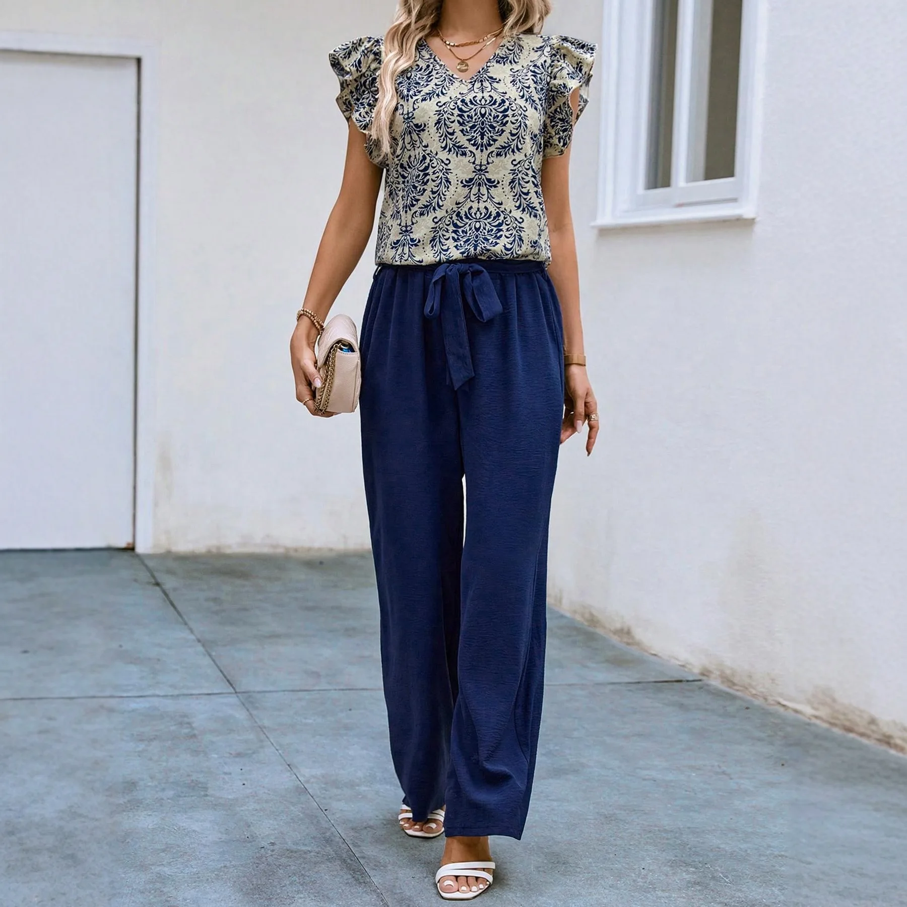 

Women's Summer Floral Top 2 Piece Set Suit Fashion Loose Lotus Leaf Sleeve Printed Shirt Solid Color Wide Leg Pants Set Women