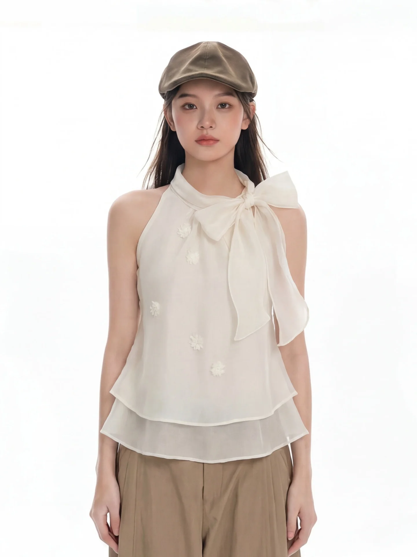 

Elegant Summer Women's Chiffon Shirt Necktie Knot Soft Style Top Breathable Lightweight Sleeveless Casual Wear