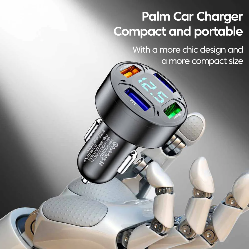 4 Ports 66W Car Charger Fast Charging QC3.0 Digital Display USB Car Cigarette Lighter Adapter For iphone Samsung Huawei Xiaomi