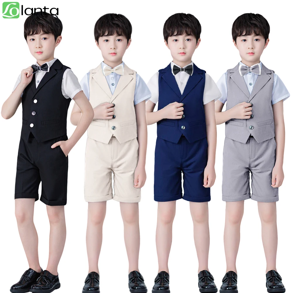 

LOlanta 4Pcs Kids Waistcoat Suit Boys Wedding Party Shorts Set Page Boy Outfit Shirt Bow Tie Shorts Waistcoat 2-12 Years