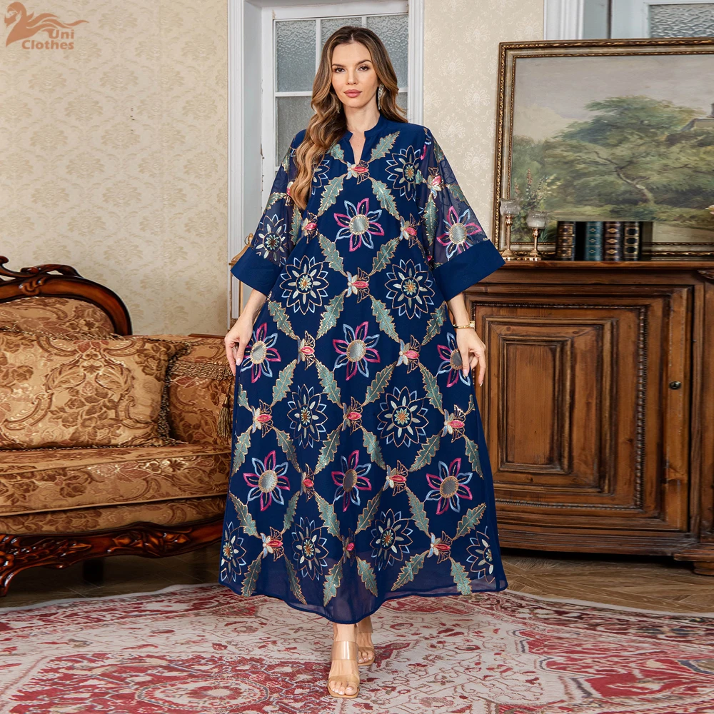 2025 ใหม่มุสลิมแฟชั่นดอกไม้เย็บปักถักร้อย Casual Abaya พับแขน Notched V คอชุดโมร็อกโกดูไบผู้หญิง Robe
