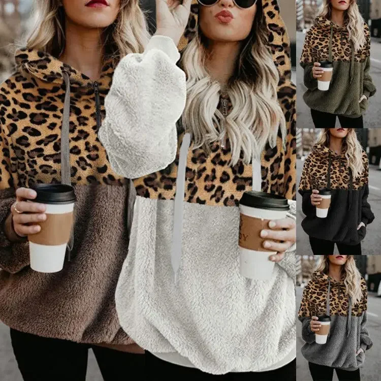 A Women Harajuku Girl Christmas Hoodies Autumn Pullover Loose Sexy Leopard Print Zipper Pocket Y2k Sweatshirts Factory Outlet