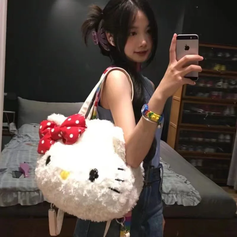 Hello Kitty Plush Women Shoulder Bag Large Capacity Soft Cartoon Fluffy Cute Fashion Tote Bag Kawaii Plush Bags Casual Handbag