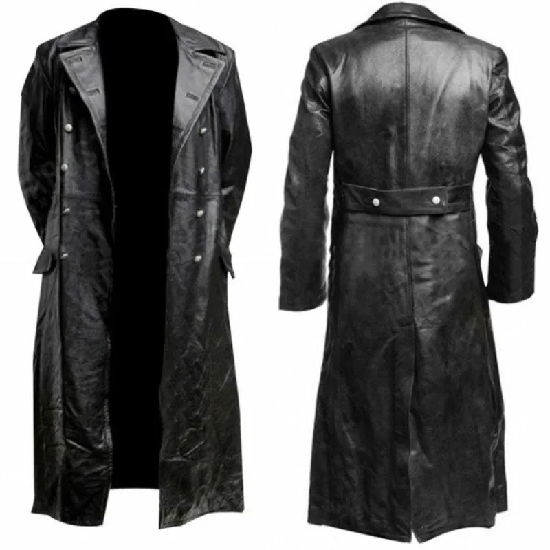 Large-sized long leather trench coat men's double-breasted overcoat 