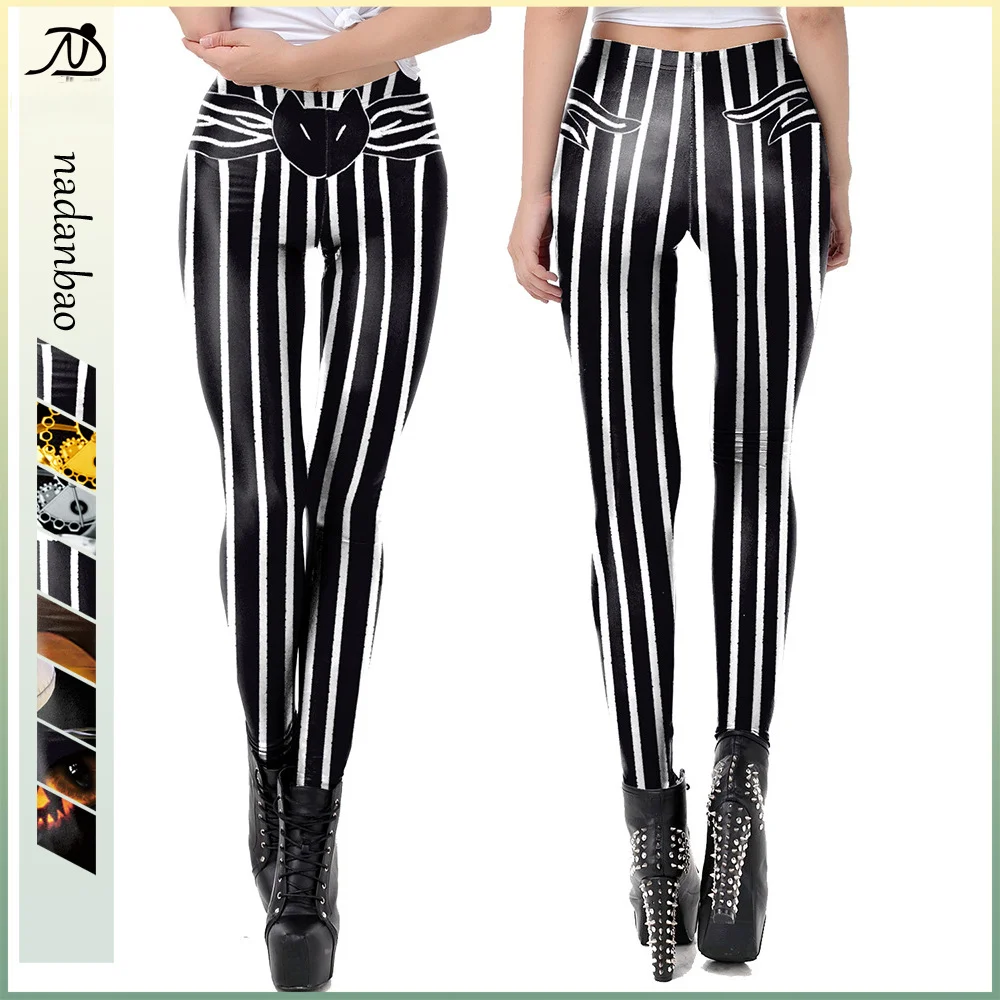 

Nadanbao Halloween Funny Holiday Party Leggings Women Purim Stripe Printing Sexy Trousers Female Black Elastic Tights Pants