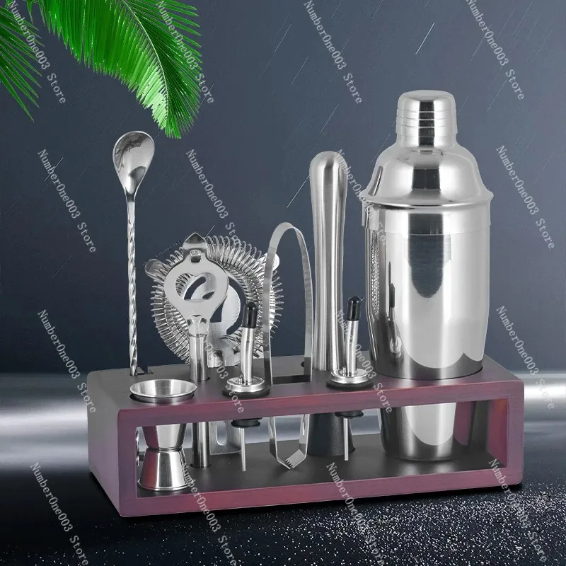 Stainless Steel Shaker Set with Wooden Stand Cocktail Glasses Full Bar Tool Set